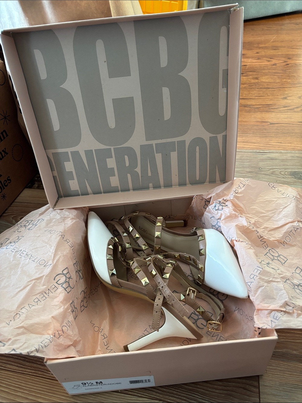 BCBGeneration White Pointed-Toe Studded Strappy Heels with Tan Straps